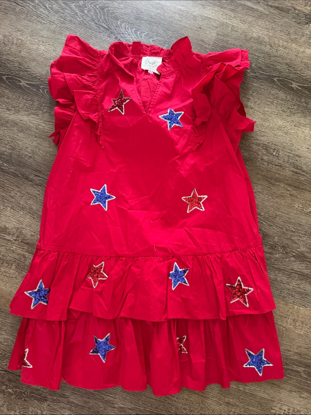 Fantastic Fawn Red Ruffle Dress with Blue & Red Star Appliqués